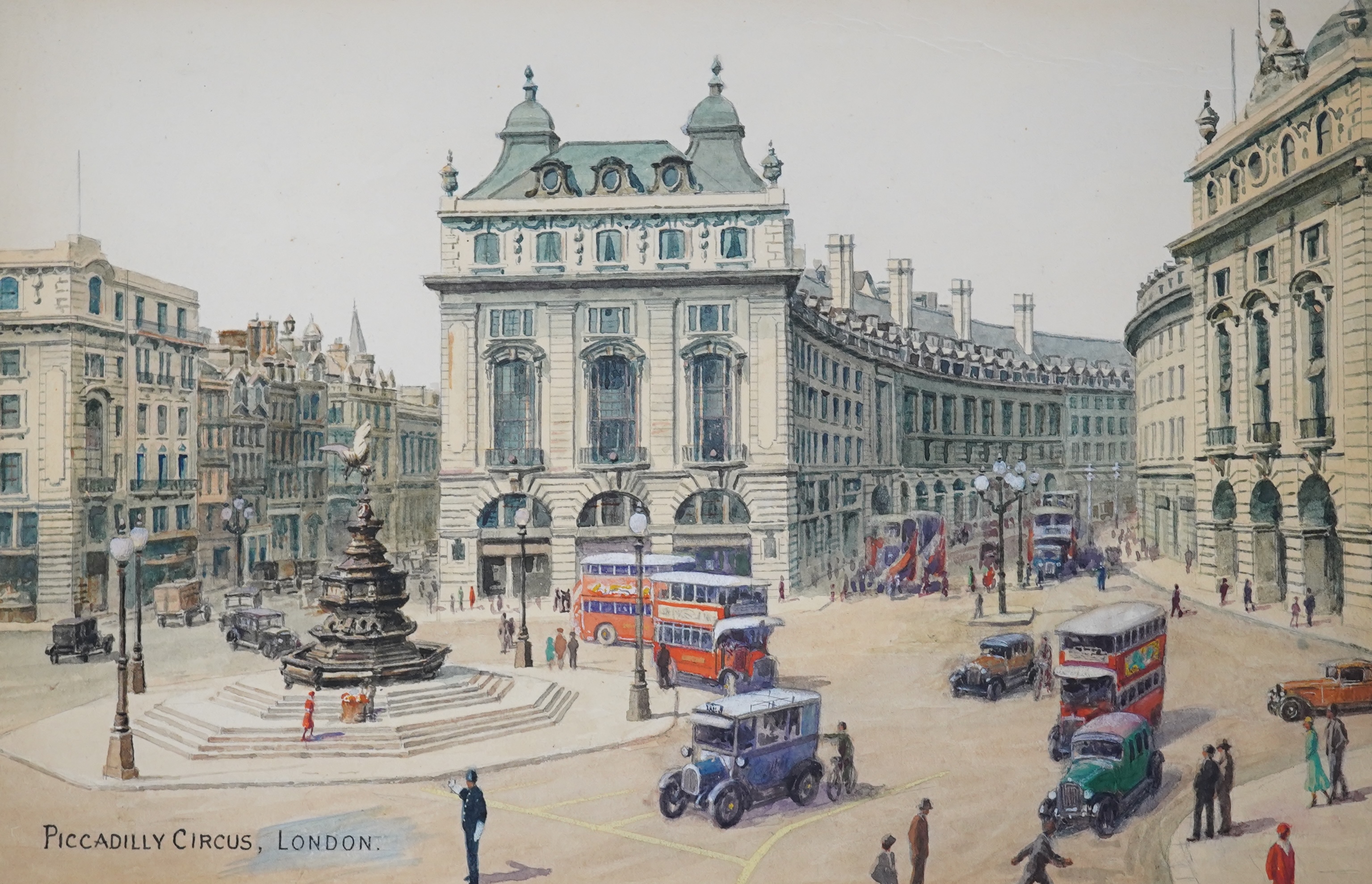 Alfred Robert Quinton (1853-1934), four original watercolours for postcards, London and Windsor views comprising Piccadilly Circus, Trafalgar Square, Guards Band at Windsor and The Tower, two monogrammed, 20 x 30cm, unfr